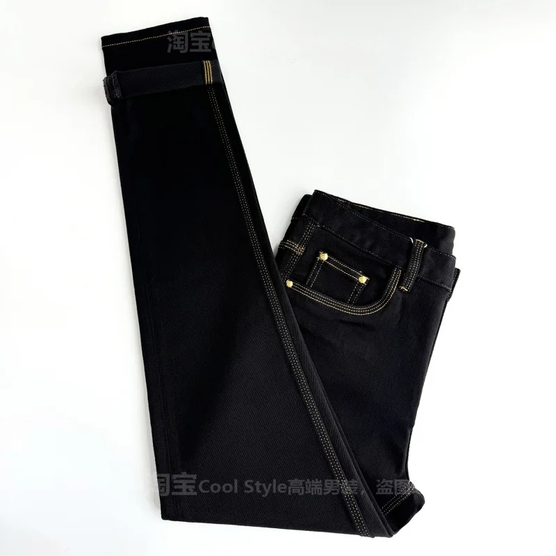 Black jeans for men, slim fit trend, business simplicity, light luxury fashion, autumn and winter with fleece denim pants