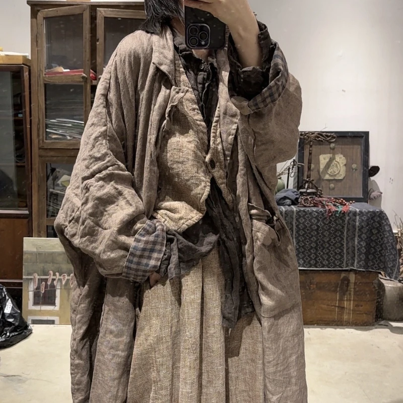

Women's Vintage Color Woven Linen Long Trench Coat Female Over sized Casual Loose Fit Versatile Daily Outerwear and Windbreaker