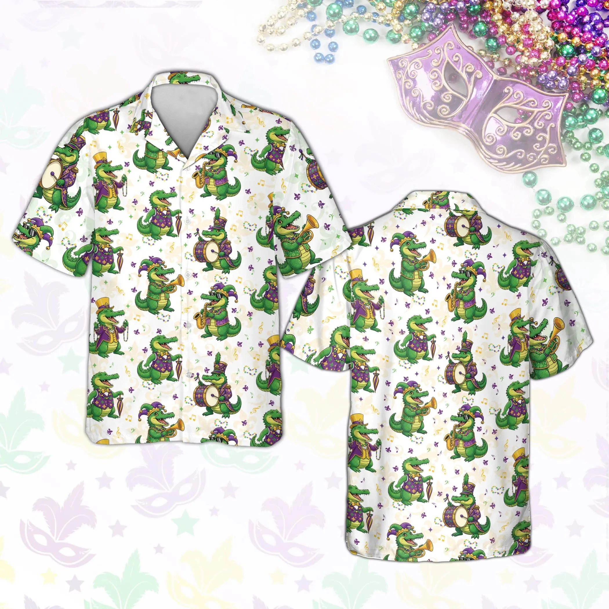 

Mardi Gras Saxophone Alligator Shirt, Trumpet Drummer Gator Aloha Top, New Orleans Marching Band Outfit, Musical Parade Gift