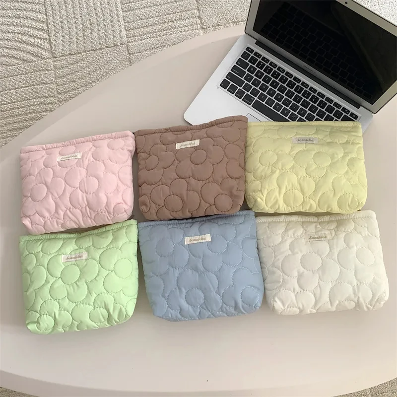 Cotton Quilting Cosmetic Bags for Women, Portable Flower Print Makeup Storage Case Clutch Handbag for Girls