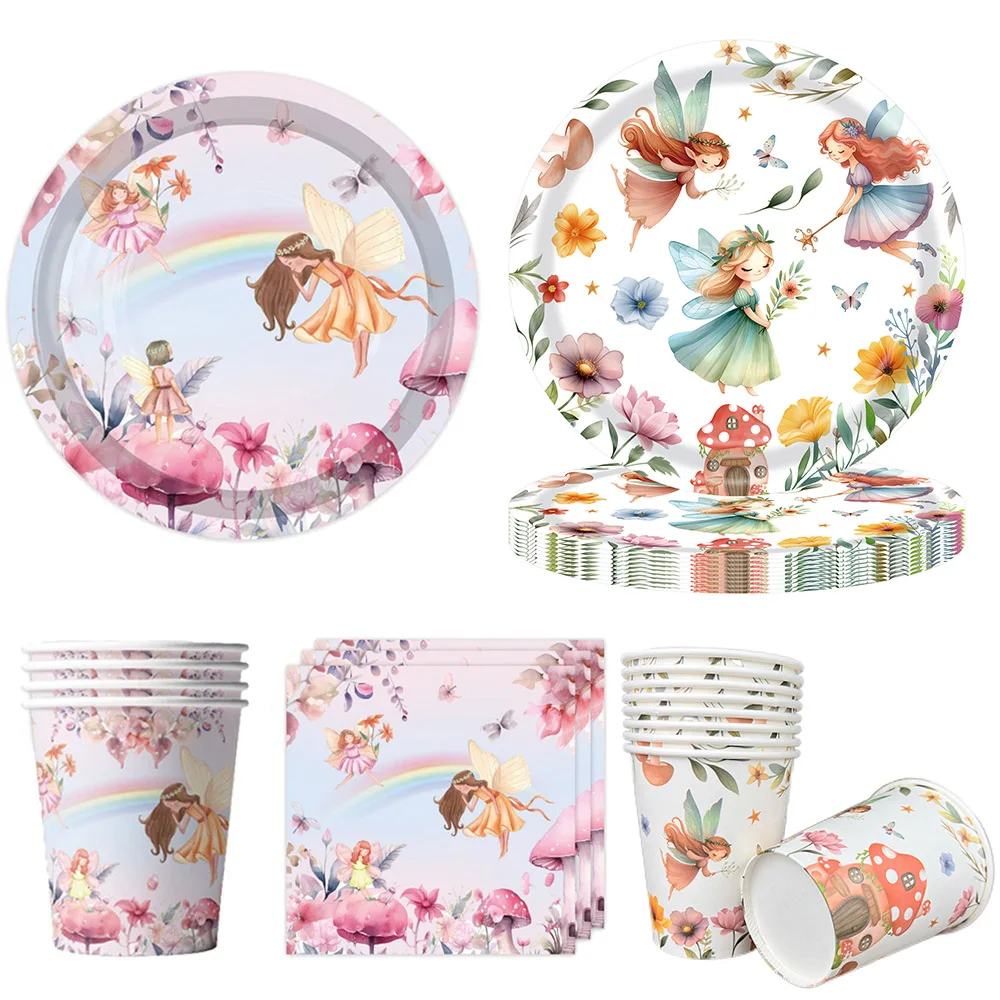 Girl Fairy Party Paper Plate Cup Napkin Fairy Birthday Party Tableware Flower Fairies Birthday Party Supplies Baby Shower Decors