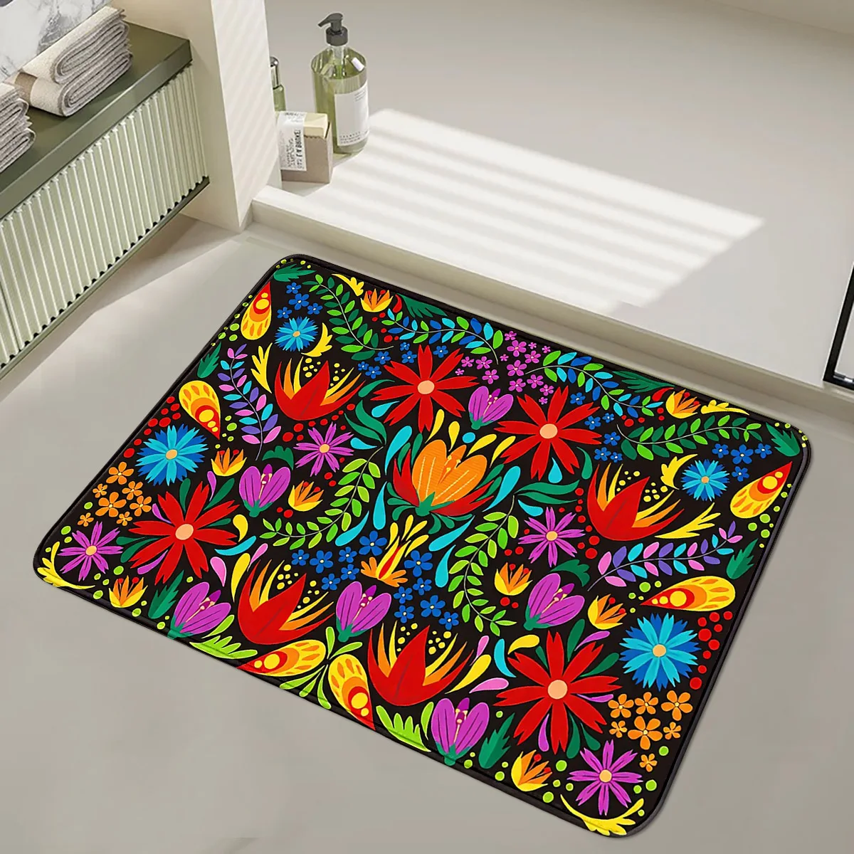 A Black-Based Tropical Floral Art Absorbent Mat with Colorful Flowers, Mexican Hand-Painted Floral Art Decorative Floor Mat for Entryway and Bathroom Ambiance