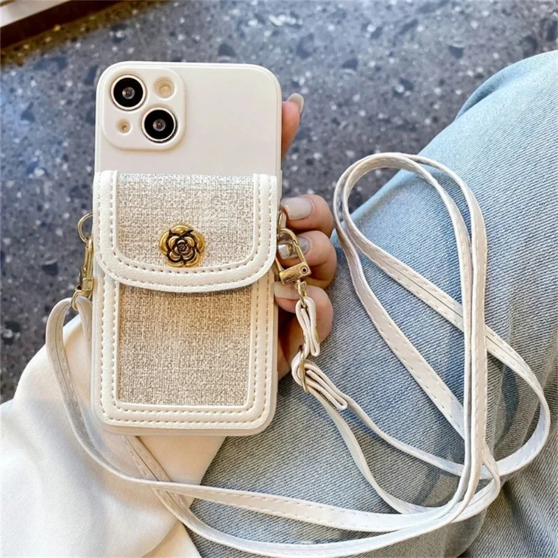 Luxe 3d Camellia Bloem Lederen Kaart Tas Crossbody Lanyard Zachte Hoes Voor Iphone 15 14 16 Pro Max 13 12 11 X Xs Xr 7 8 Cover