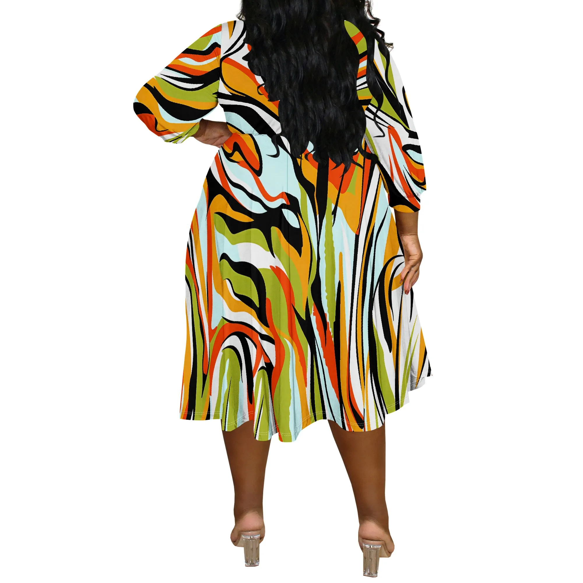 Plus Size Women's Pullover Sexy 3/4 Sleeve One-Shoulder V Neck Fashion Printed Summer Casual Maxi Dresses
