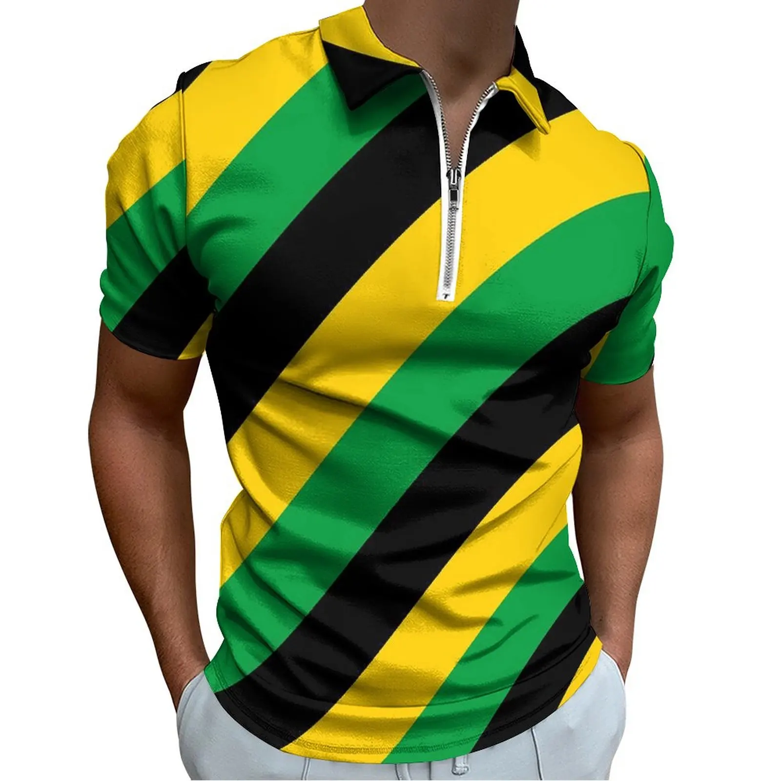 Jamaica Flag Colors Polo Shirts Diagonal Striped Casual Shirt Summer Trending Male Short-Sleeve Zipper Graphic T-Shirts