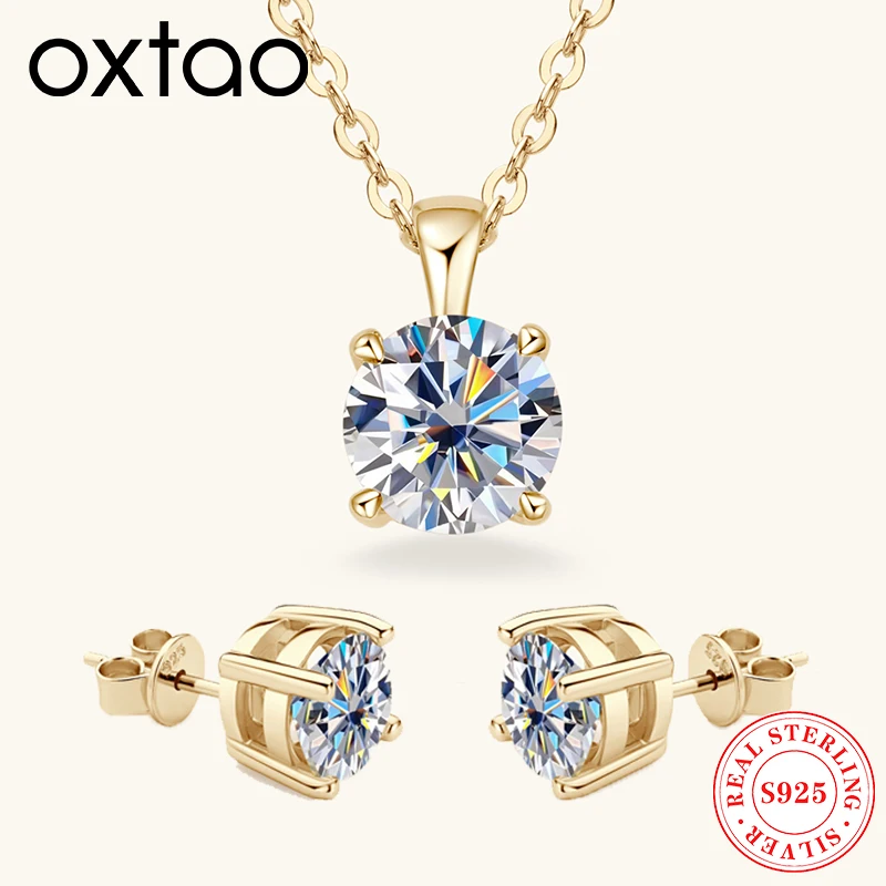 

OXTAO D VVS1 6.5mm Moissanite Jewelry Set Real 925 Silver Earrings & Pendant Necklace Chain Necklace Female Friends Gift GRA