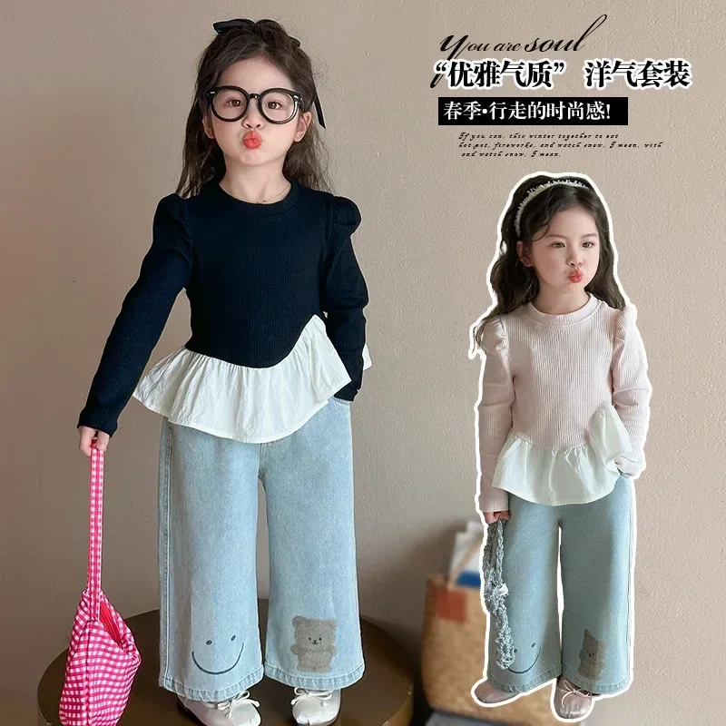 

Girls' Korean version suit spring and autumn clothes new children's wide-leg jeans two-piece set children's clothes spring