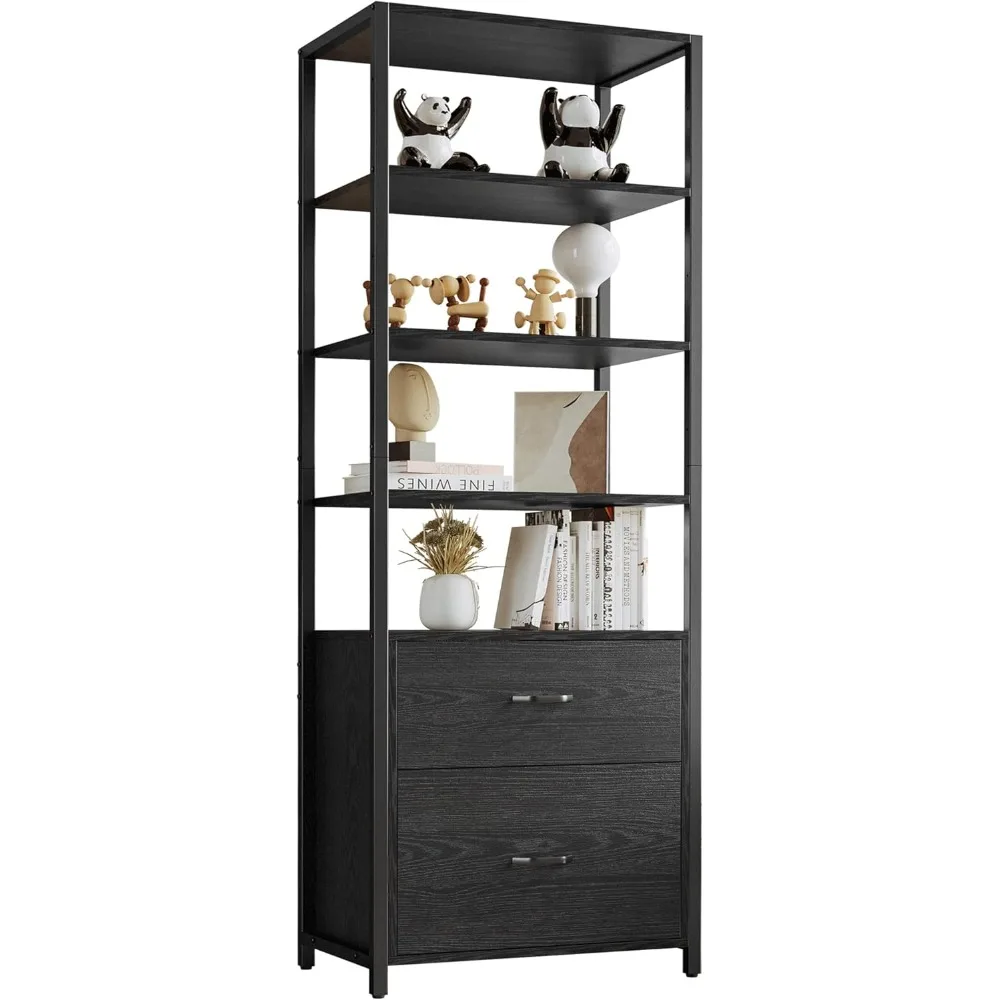 رف كتب صناعي قائم بذاته مكون من 5 طبقات مع أدراج خزانة ملفات، بطول 71.6 بوصة لتخزين المكاتب المنزلية