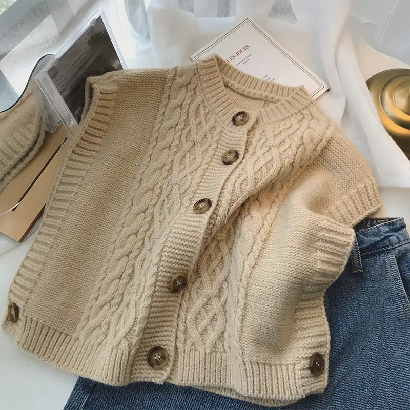 

Spring Autumn Solid Color Fashion Sleeveless Sweater Vest Women High Street Casual Button Cardigan Elegant All-match Tops N08