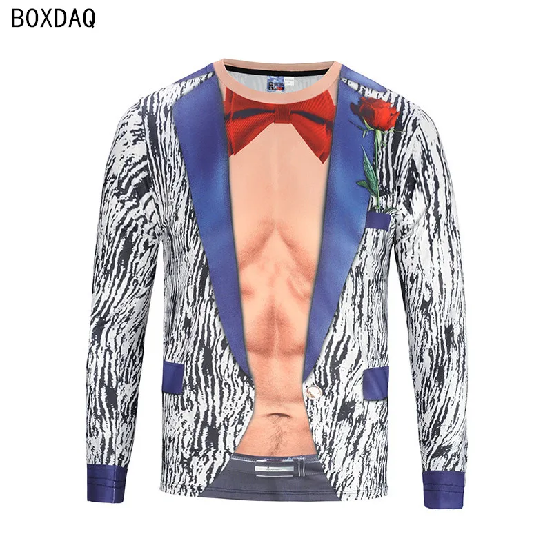 Men Fake Two-piece T-Shirts 3D Bow Tie Print Casual T Shirts Autumn Long Sleeve O-Neck Loose Cotton Tops Male Fake Suit Tshirt