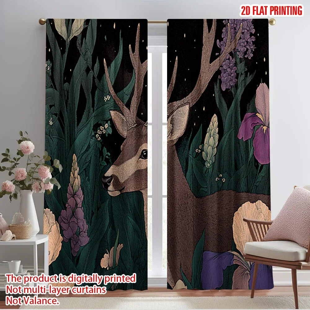 

2pcs,2D plane printing Window Curtain Deer With Flowers Nature (2) Polyester Fabric (without rod) All Seasons Perfect for Living