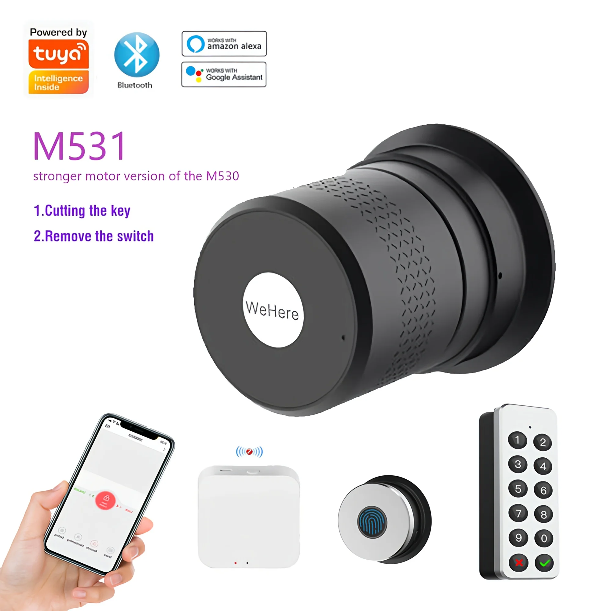 Wehere TUYA Bluetooth Smart Lock M531 Fingerprint Lock Remote Control Support Alexa Wireless Original Cylinder Cut Key Switch