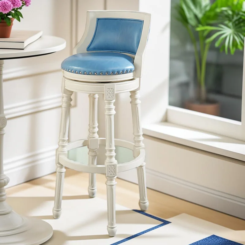 

American solid wood bar chair European retro high stool light luxury backrest rotating home casual white bar chair