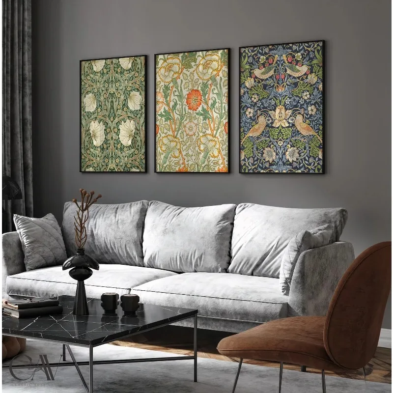 William Morris Print, Floral Exhibition Poster, Textile Wall Art, Art Nouveau Print, Wall Art Set of 3 Gallery Triptych Canvas