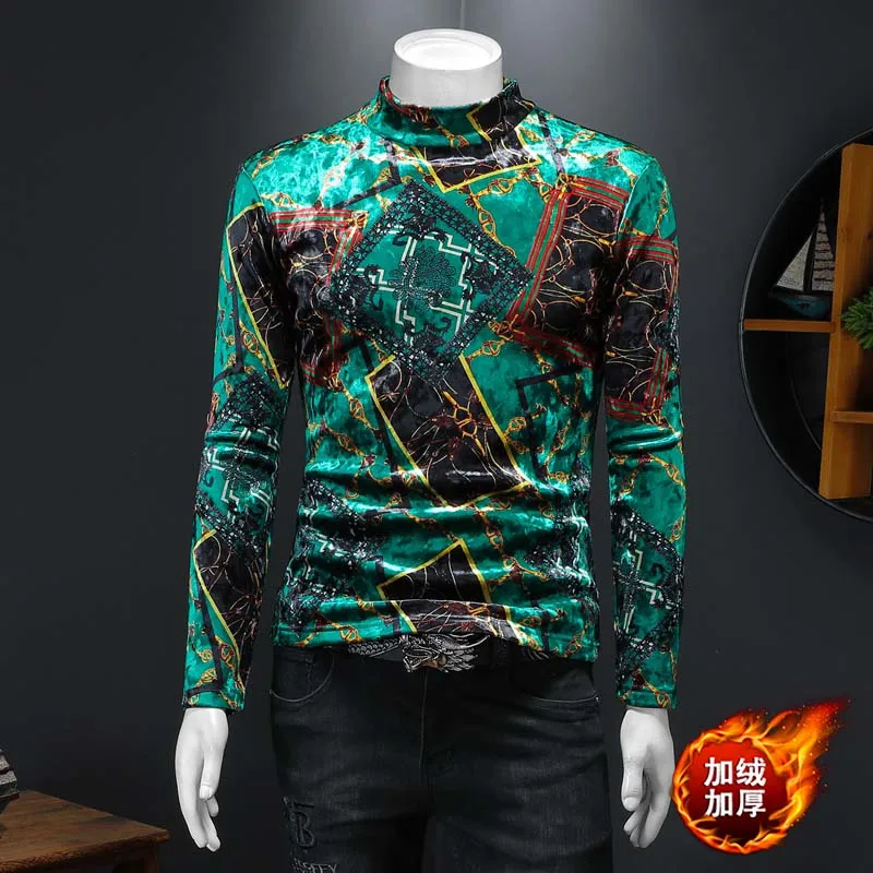 

Turtleneck Velvet Print T Shirt For Men Long Sleeved Casual Slim Winter Thick Quality Smooth Comfortable 4XL Easy Care Camisetas