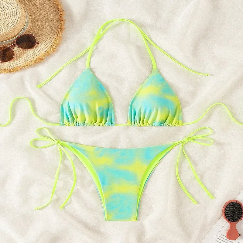 Sexy halo staining hang neck tie top+tie up shorts bikini two-piece set summer women's fashionable beach vacation swimsuit set