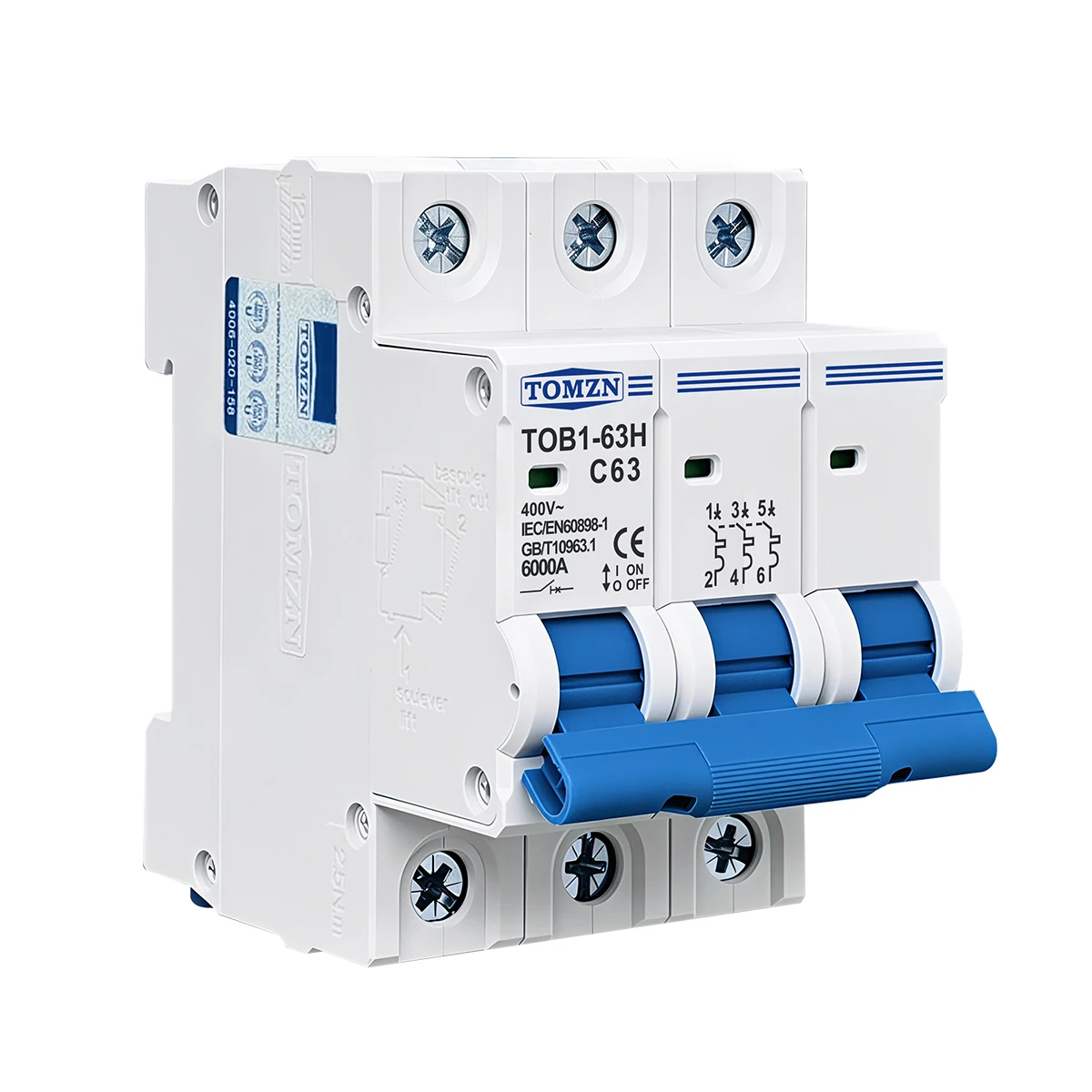 TOMZN 3P AC MCB TOB1-63H C type 230/400V~ 50/60Hz Mini Circuit Breaker 3A 6A 10A 16A 20A 25A 32A 40A 50A 63A
