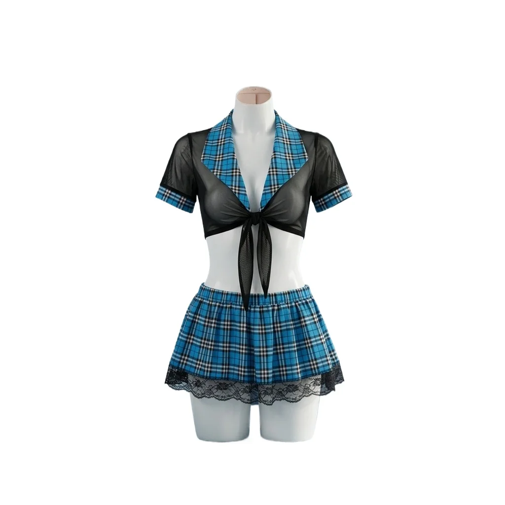 Schoolgirl Costume Lingerie Set for Women Blue Plaid Pleated Mini Skirt with Lace Trim and Tie Front Crop Top Roleplay Outfit