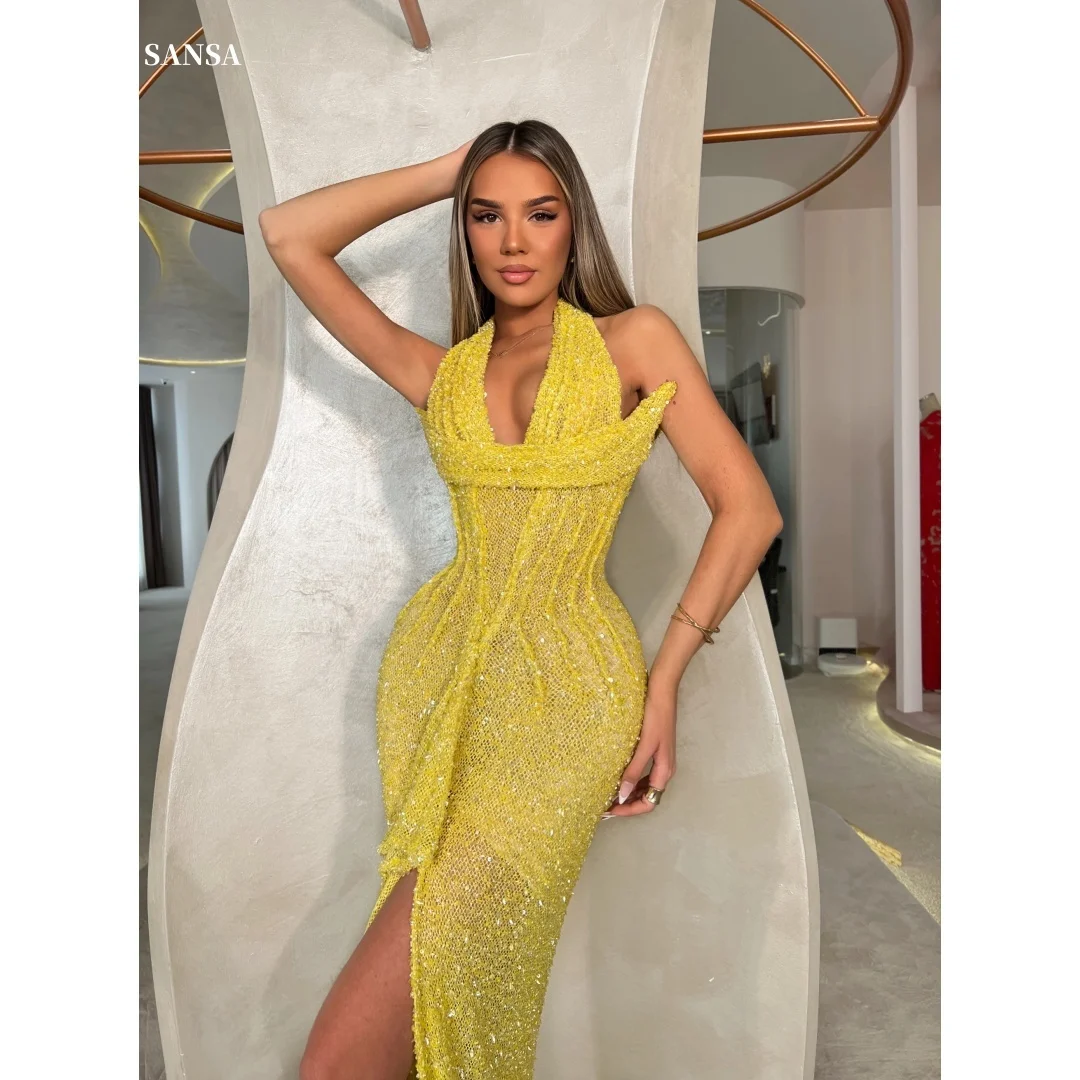 

Sansa Customized Yellow Sequin Halter Neck Prom Dresses Sleeveless فساتين للمناسبات الخاصة Side Slit Backless vestidos de festa