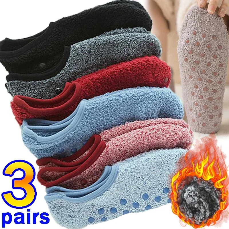 

1/3pairs Thickened Plush Socks Women Winter Warm Coral Fleece Sox Sleeping Slippers Silicone Non-slipInvisible Short Boat Socks