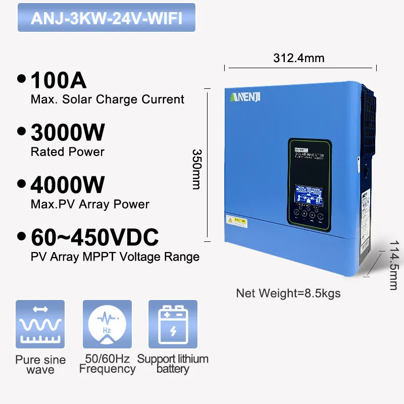 24V 3000W 120V off grid solar inverter 4000W maximum PV input pure sine wave built-in 100A MPPT hybrid inverter US stock