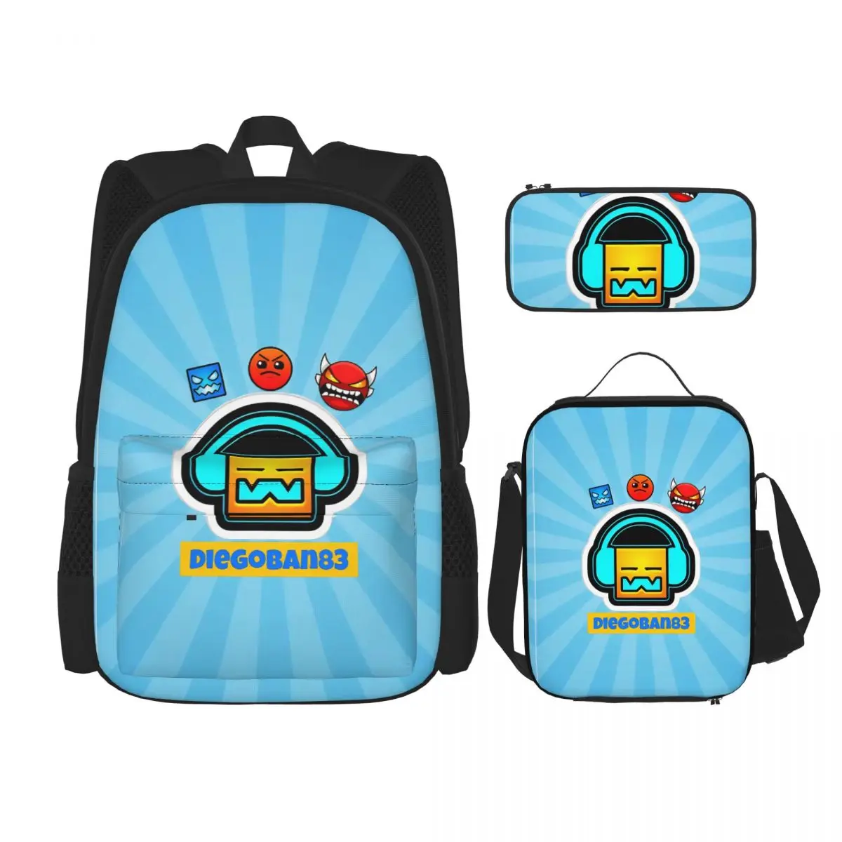 Geometry Dash 3pecs/set Backpack for Student Gaming Canvas Bags Lunch bag Pencil Case