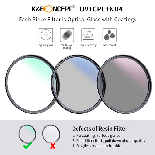 Imagen 2 del producto K & F Concept Kit de filtros Densidad netural ND4 MC UV CPL filtro Paquete de lentes de cámara 1 paño de limpieza y bolsa de filtro 58 mm 62 mm 67 mm