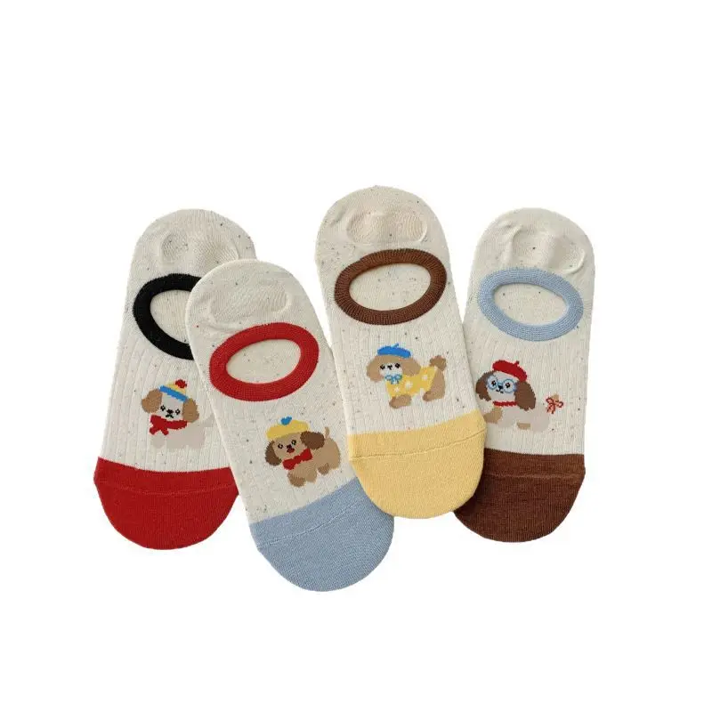 4 paires de chaussettes pour femmes ensemble nouvel été mince dessin animé chiot mignon Kawaii cheville chaussettes bouche légère Silicone anti-dérapant chaussettes invisibles