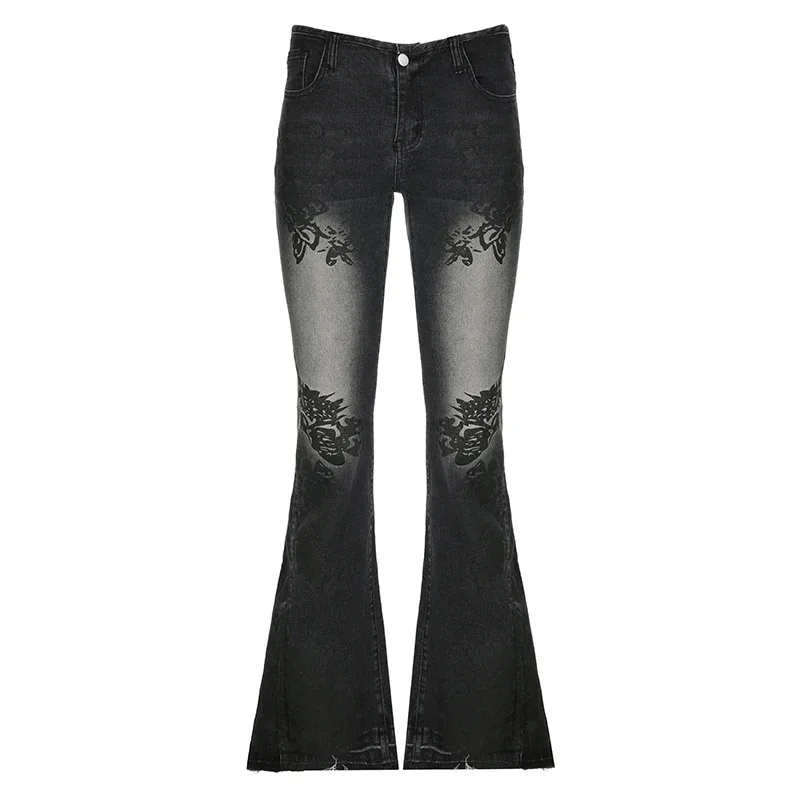 Streetwear y2k Flare Jeans Distressed 2000s Floral Print Low Rise Slim Denim Pants Korean Women Trousers Retro Mom Jeans