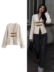 TRAF Women's V-neck Short Jacket Elegant retro style long-sleeved colour collision mixed with decorative design soft top jacket