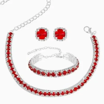 Inlaid Rhinestone Square Zircon Necklace Earring for Women Light Luxury Choker Necklace Commuter New Year Red Jewelry Sets