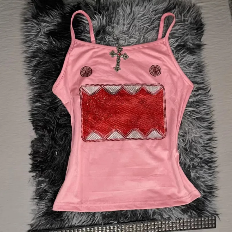 Spaghettiträger-Cami-Top mit Strassverzierung, schmal geschnitten, ärmellos, Y2K-Goth-Streetwear, lässiges Tanktop – Detail 1