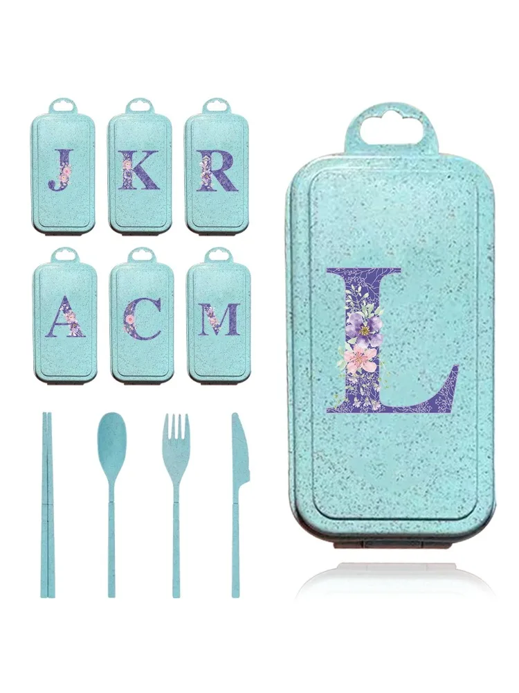Ensemble de couverts portables en paille de blé, couteau, cuillère, fourchette, baguettes, poignées en plastique, vaisselle amovible, motif de lettre de fleur violette, 4 pièces