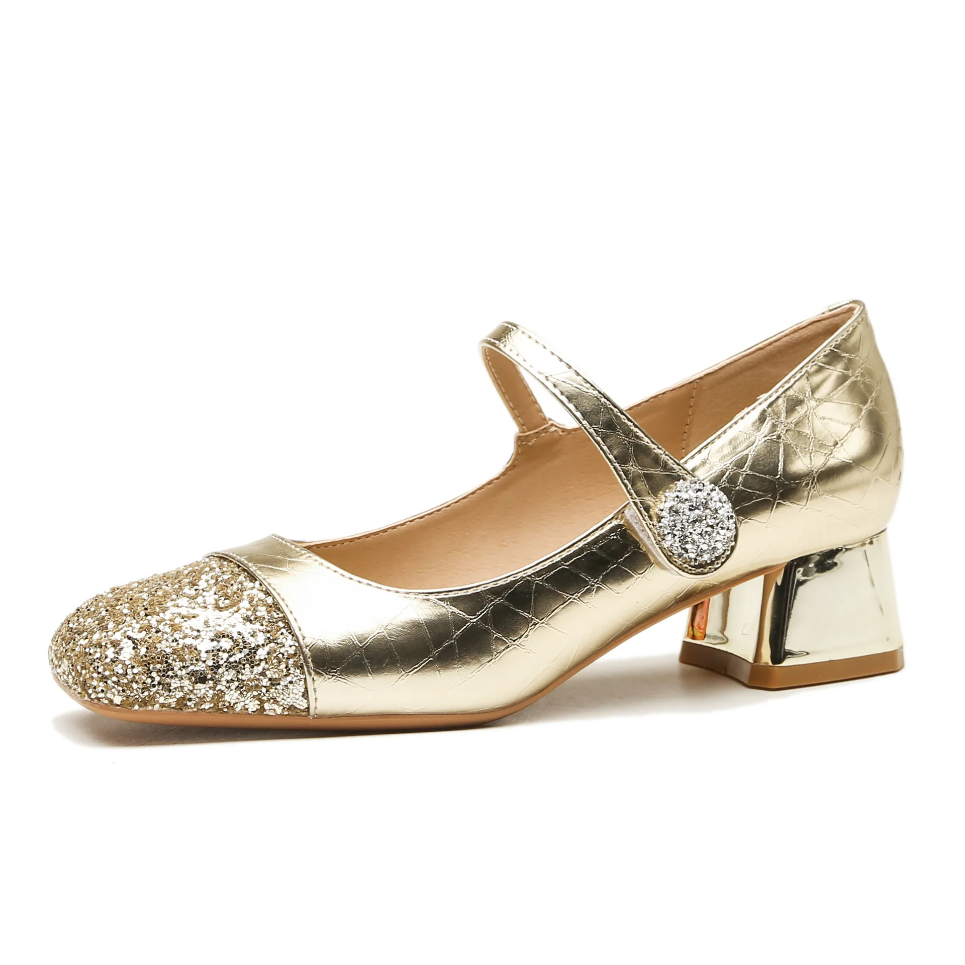 

Women's high heels, thick heel, new square toe, Mary Jane, mid heel, sequined patchwork single shoe