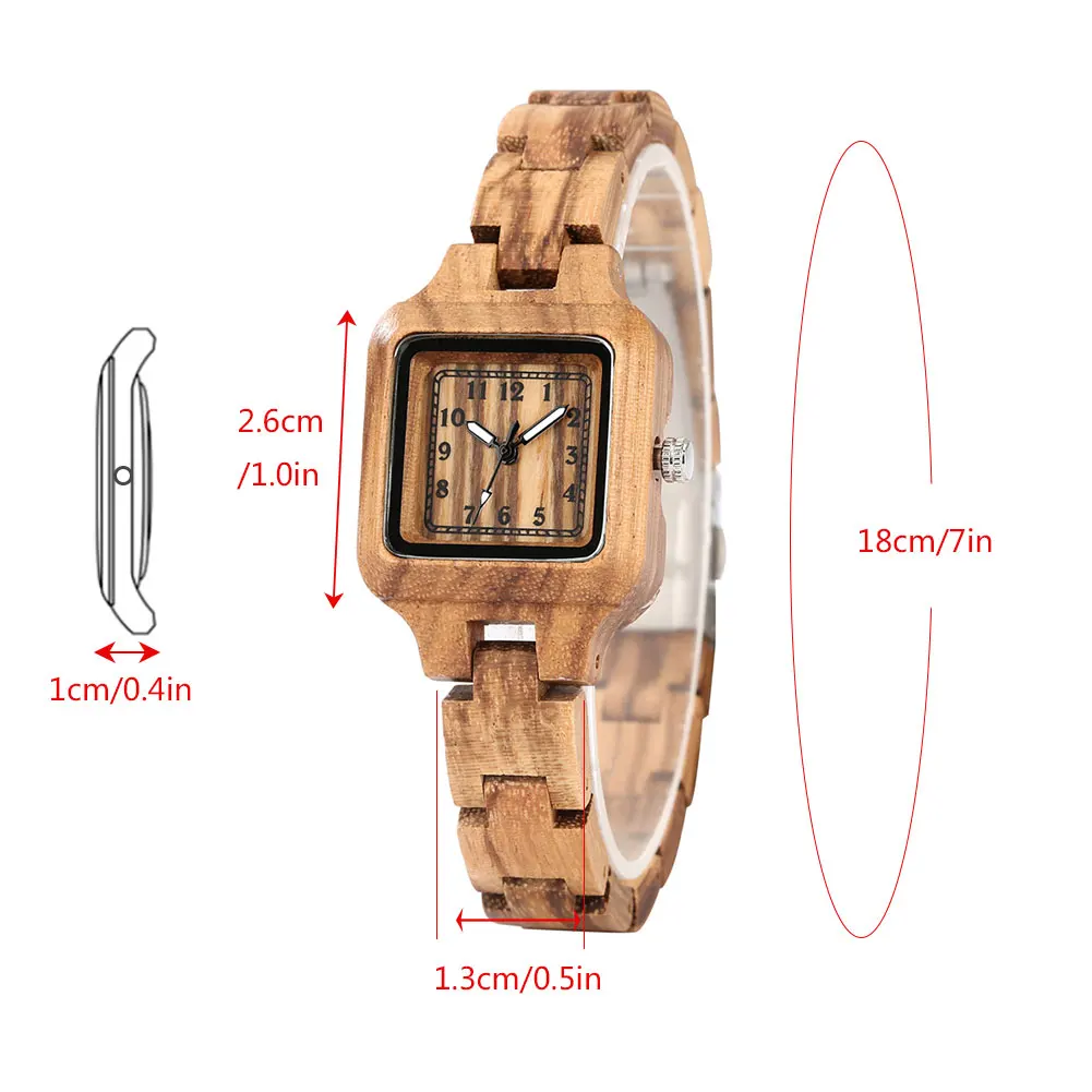 Classic Square Shaped Quartz Watches for Women Wooden Band Bracelet Wristwatch Ebony/Maple/Zebrawood Natural Stylish Lady Watch