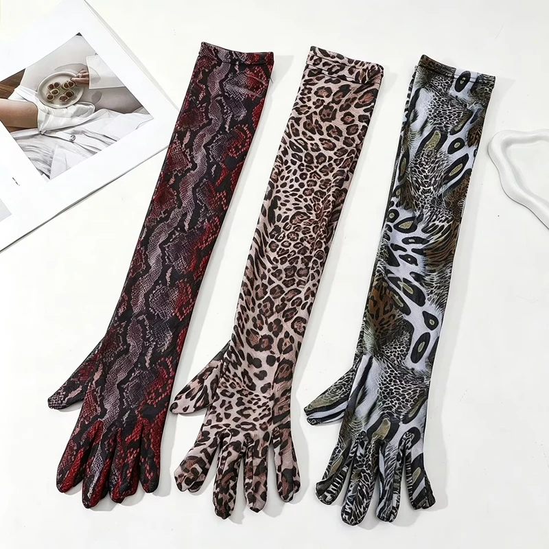 Women Leopard Long Sheer Mesh Gloves Sexy See Through Opera Gloves Ladies Evening Party Dress Costume Accessories