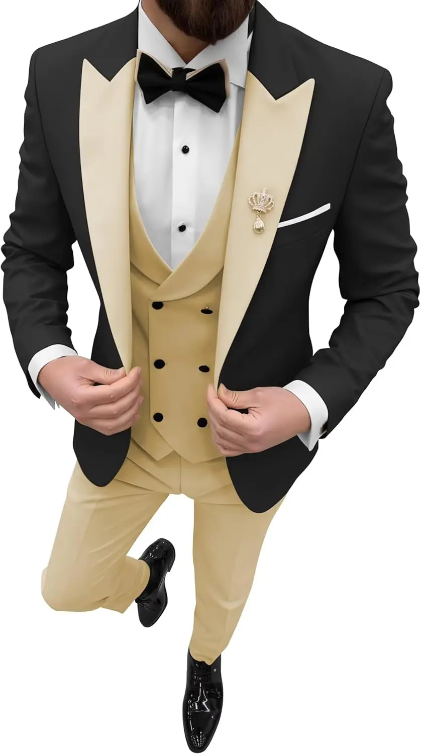 

Double Breasted Mens Tuxedo Suit Set 3 Piece Wedding Tuxedos for Men Slim Fit Prom Suits Groom Tux