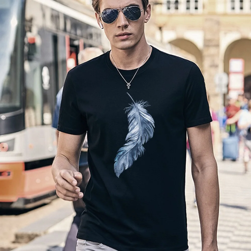 2023 Summer Men Clothes Short-sleeved T-shirt Casual Breathable Male Clothing O-Neck T Shirt Feather Printed Fashion New Tops