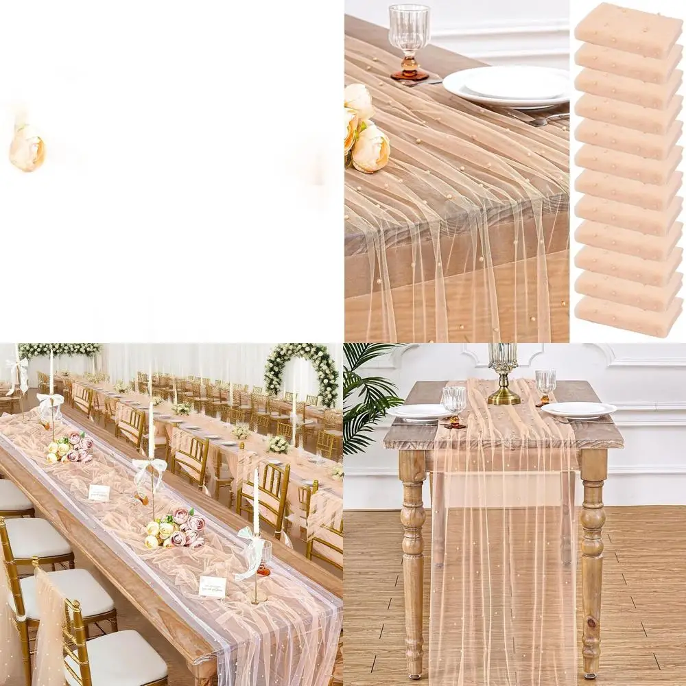 

Champagne Pearl Mesh Table Runners Set of 12 for Fall Weddings, 29x120 Chiffon Fabric Centerpieces for Party Dining Tables