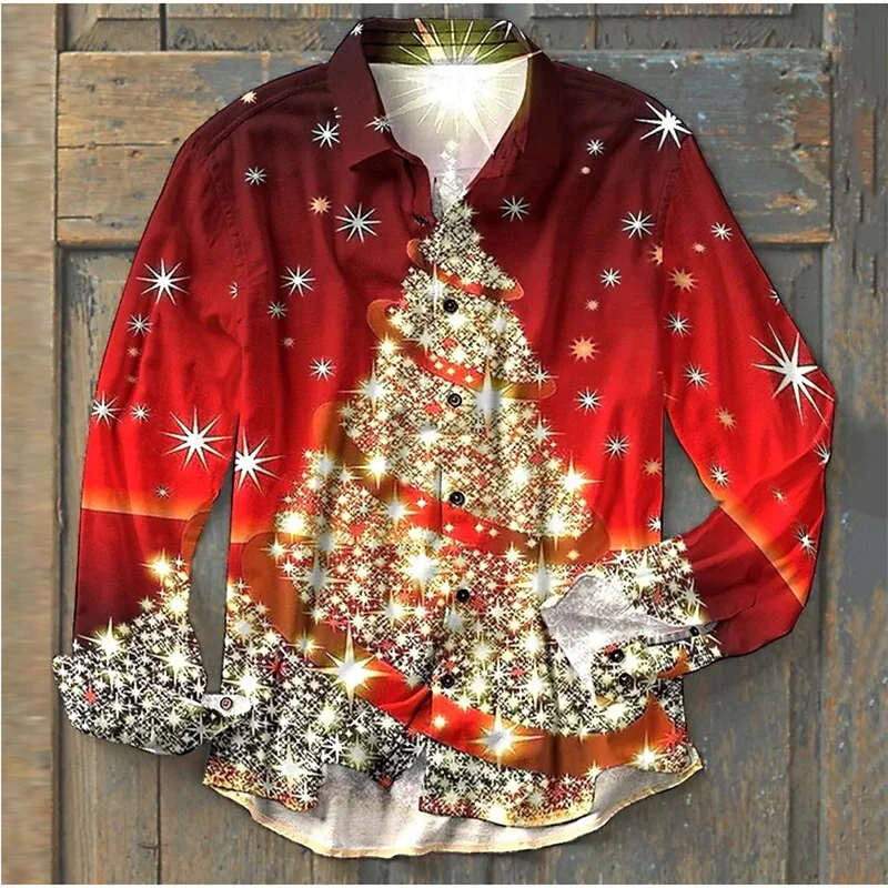 2023 Christmas Gift Top Decoration New Long Sleeve Shirt Party Gold Snowflake New Year Christmas Holiday Button Shirt s-6xl