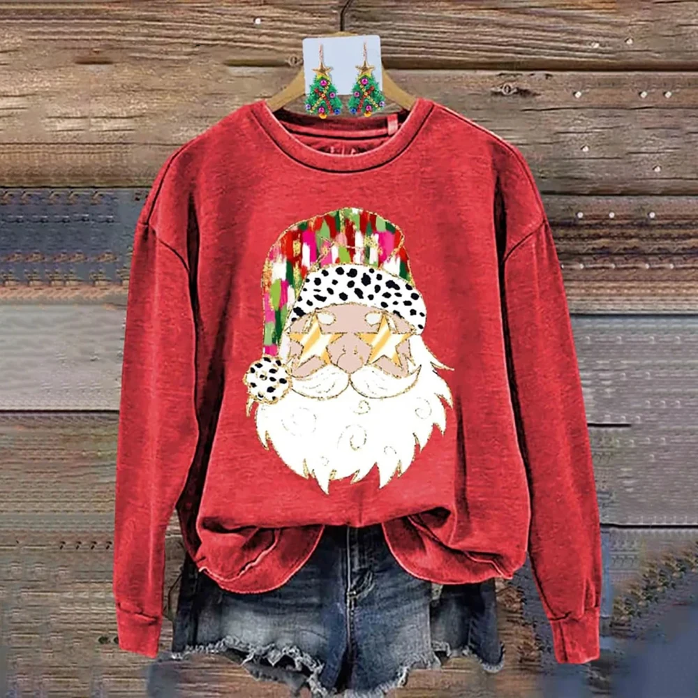 Santa Claus Print Hoodies For Women Christmas O-Neck Swearshirts Fashion Female Funny Clothing Oversized Long Sleeve Sweatshirt