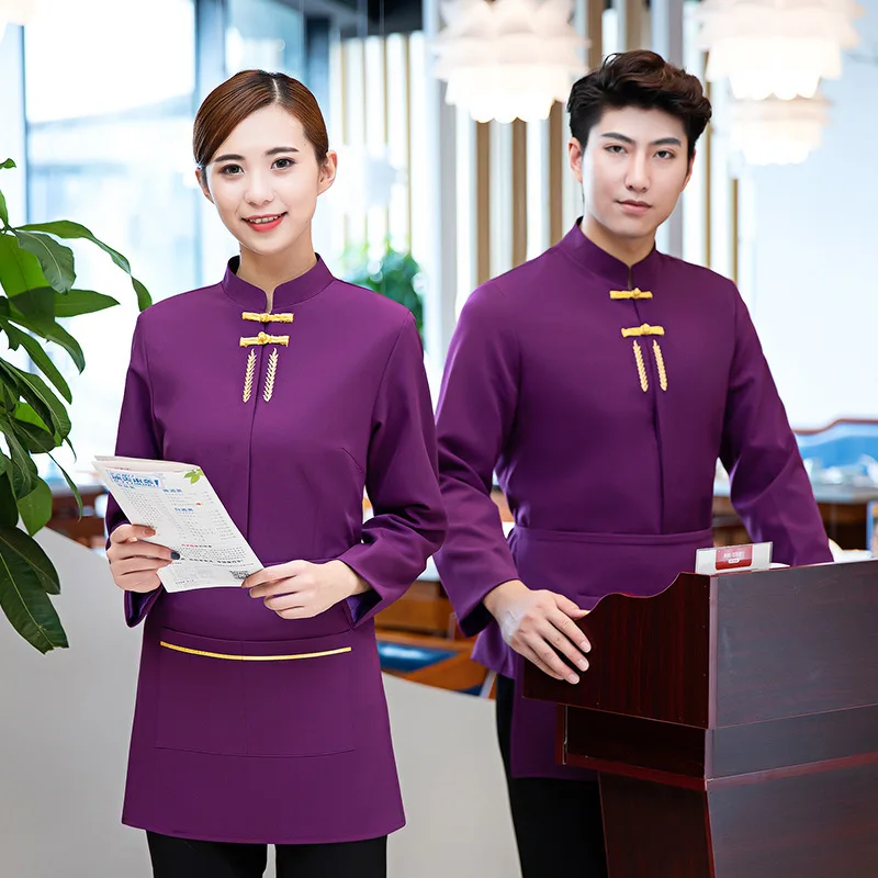 فندق العمل الزي الخريف الشتاء النساء إناء/ قدر مطعم شواء مطعم الشاي البيت النمط الصيني النادل كم طويل للجنسين #5