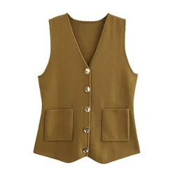 PB&ZA 2024 Early Autumn New Women's Fashion Solid Color Button Single-Breasted Knitted V-Neck Sleeveless Vest