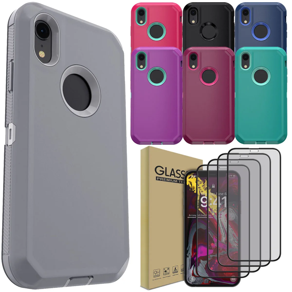 

Чехол для iPhone XR, противоударный гибридный мягкий чехол и 4 шт., защитные пленки из закаленного стекла с полным покрытием, удобный прозрачный чехол