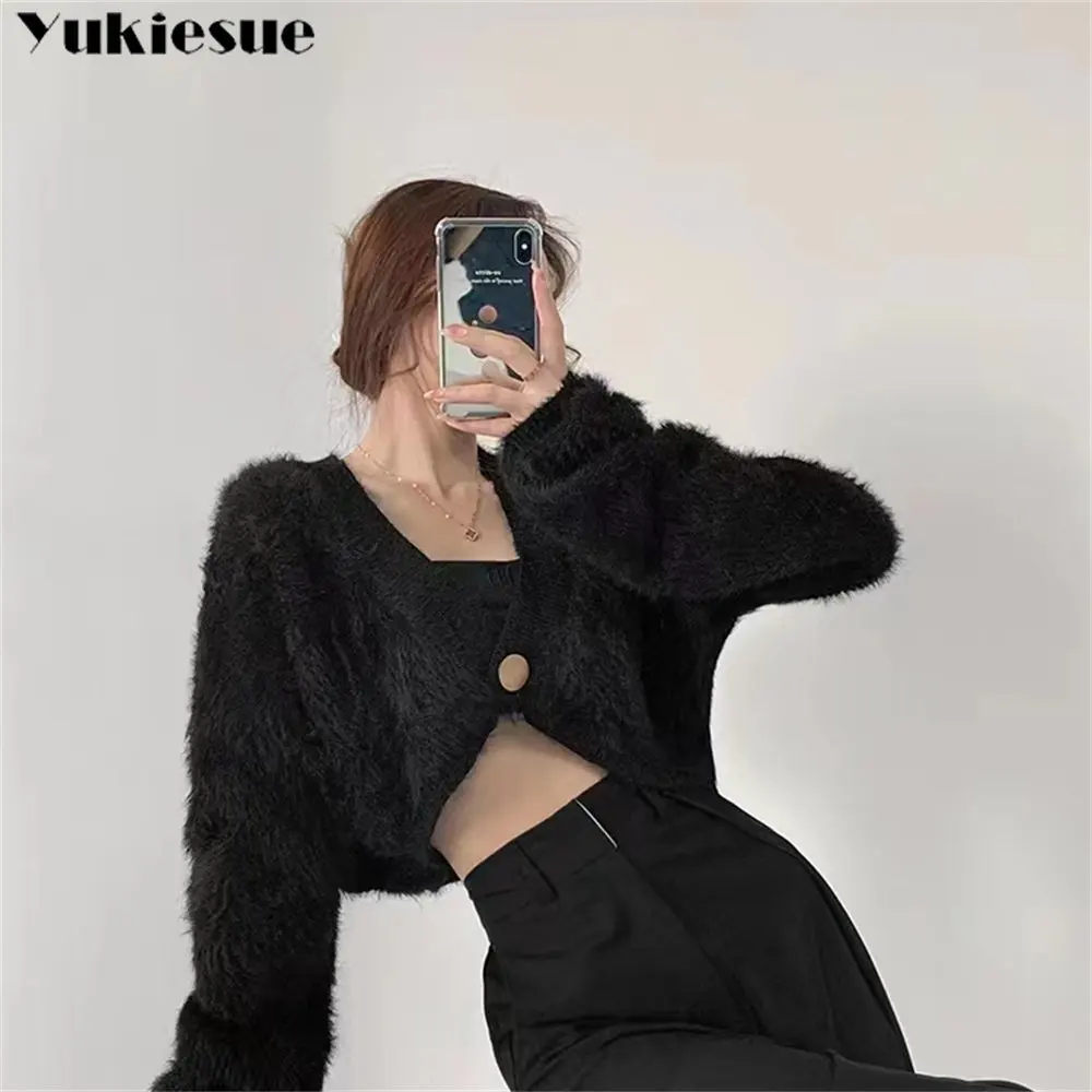 2022 Autumn Fashion Casual Elastic One Button Short V-neck Knitted Sweater Plush CardiganTops high street Korean stytle Sweater