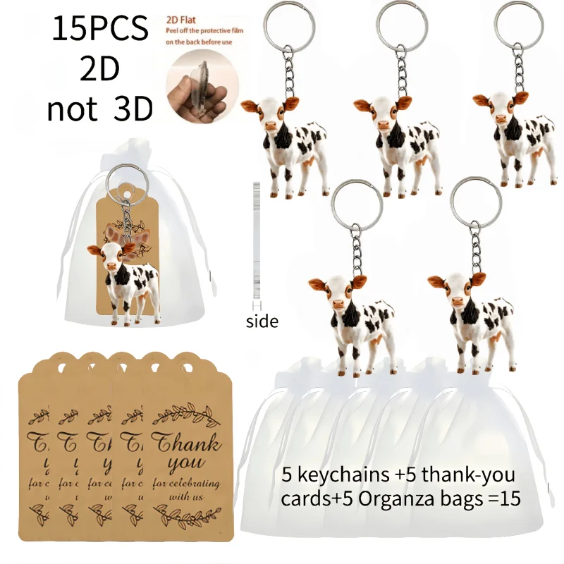 5sets Little Cow Keychains Including 2D Acrylic Pendants & Thank You Cards & Gift Mesh Bags Car Rearview Mirror Ornaments Gifts