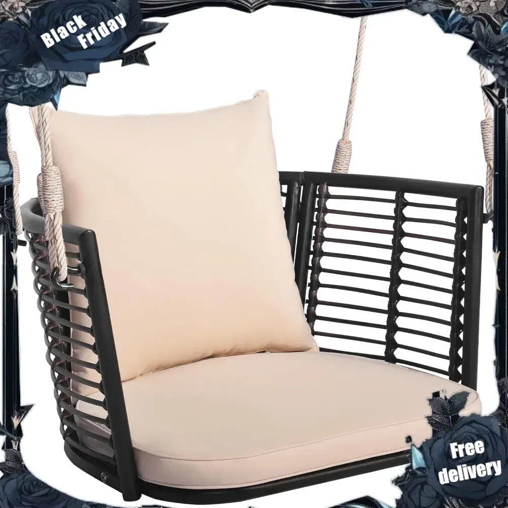 

Outdoor Metal Porch Swing, Single Person Hanging Seat w/Woven Rattan Backrest, 2 Sturdy Hanging Ropes, Seat & Back Cush