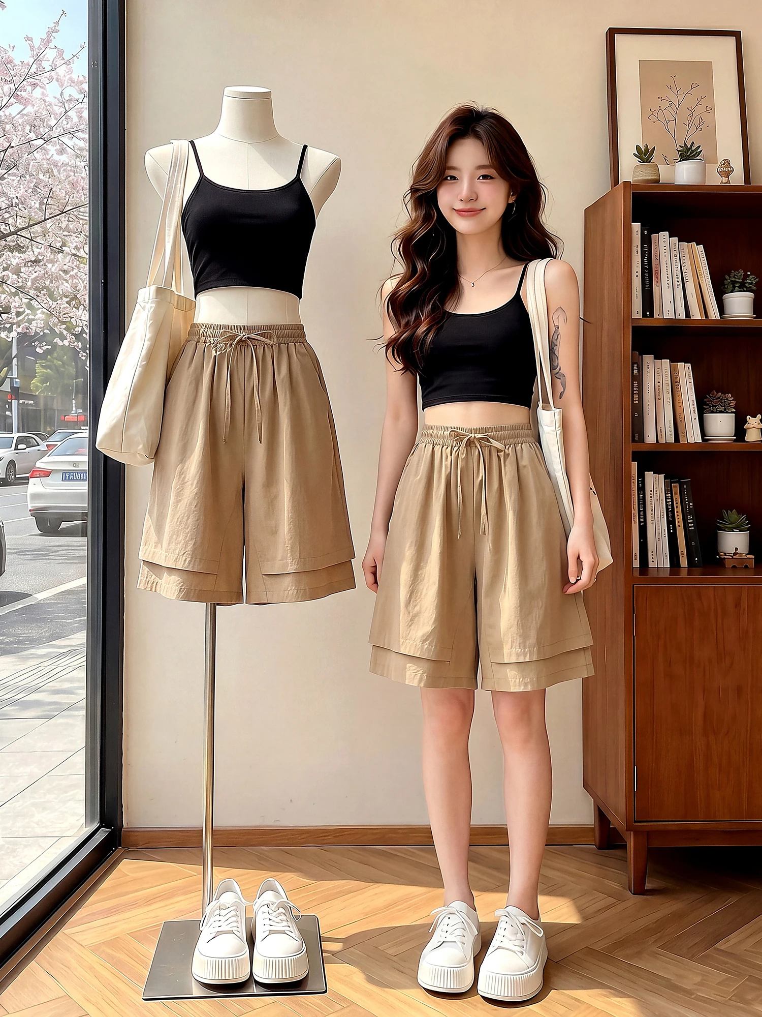 High Waist Elastic Waist Casual Shorts Women's plus Size Wide Leg Pants Drawstring Design Five-Point Length Summer Fashion