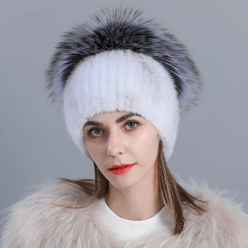 Mink Fur Hat Women Natural Fur Warm Ear Protection Hat Genuine Fox Fur Beanies Real Fur Cap Female Fluffy Snow Cap With Fur