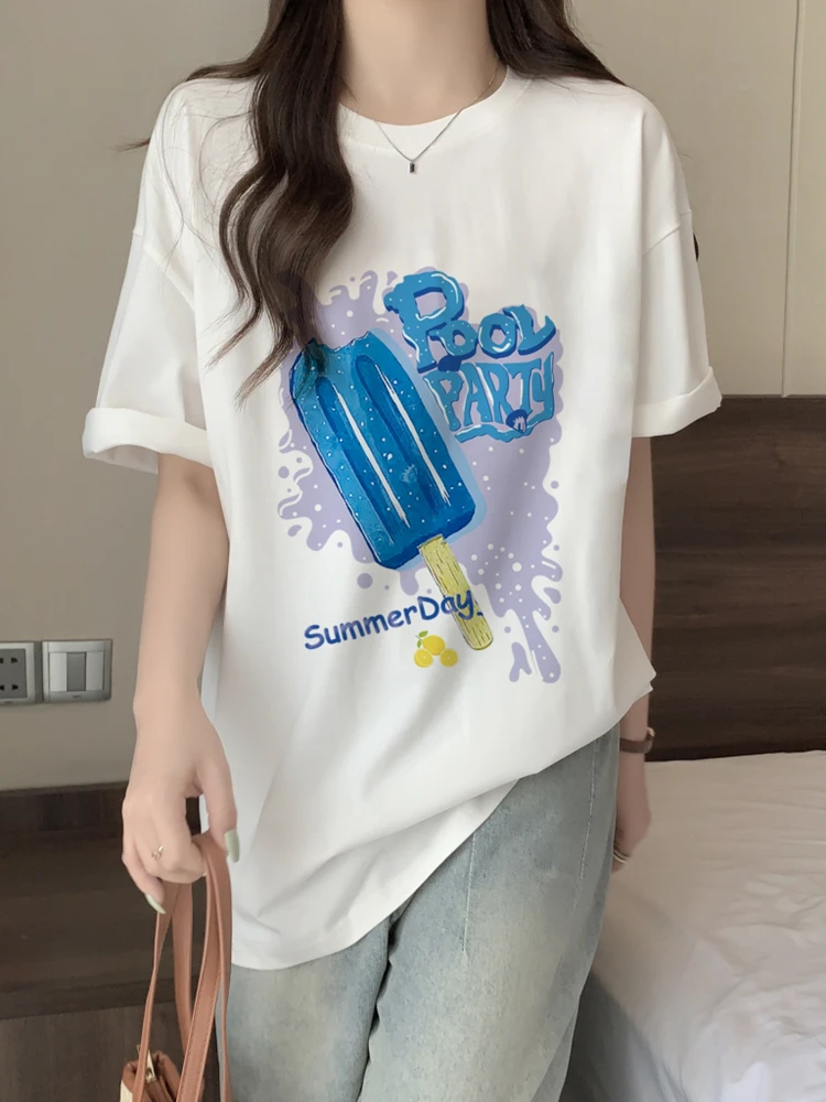 Cotton printed summer loose short sleeved T-shirt for women